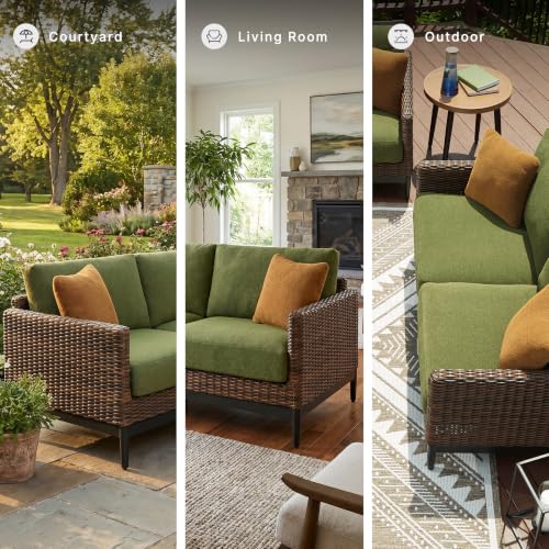 Signature Design by Ashley Horizon Hall Casual Outdoor Loveseat with Cushion, UV-Resistant Nuvella Fabric, Resin Wicker & Aluminum Frame, Ideal for Deck or Lanai Furniture, Green & Dark Brown