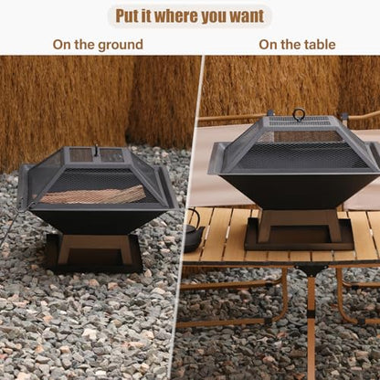 Quilushey 19.8inch Portable Small Fire Pit with a Removable Ash Pan, Fire Poker, Mesh Lid, 2 in 1 Square Outdoor Fireplace for BBQ, Outside Heating, Bonfire Party, Camping, Backyard, Patio, RV Trip