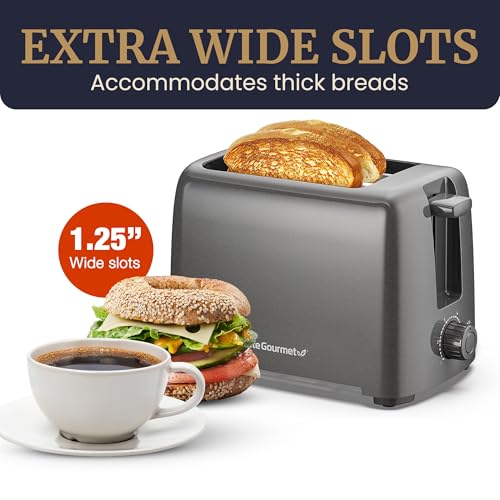 Elite Gourmet ECT1027G Cool-Touch 2 Slice Toaster, 6 Toast Settings & Cancel Function, Extra Wide 1.25” Slots Easily Fits Breads, English Muffins, Bagels & Waffles, Gunmetal Gray