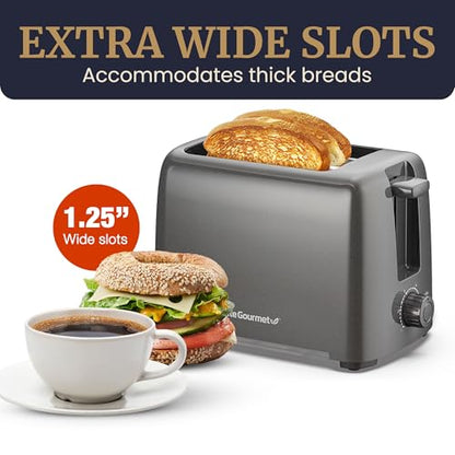 Elite Gourmet ECT1027G Cool-Touch 2 Slice Toaster, 6 Toast Settings & Cancel Function, Extra Wide 1.25” Slots Easily Fits Breads, English Muffins, Bagels & Waffles, Gunmetal Gray