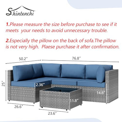 Shintenchi 5 Pieces Outdoor Patio Furniture Sets, Patio Sectional Sofa Couch, Gray PE Wicker Furniture Modular Patio Conversation Sets Patio Sofa with Washable Cushions & Table（Aegean Blue）