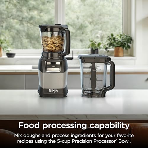 Ninja Blender, Compact Kitchen System, 1200W, 3 Functions for Smoothies, Dough & Frozen Drinks with Auto-IQ, 72-oz.* Blender Pitcher, 40-oz. Processor Bowl & 18-oz. Single-Serve Cup, Grey, AMZ493BRN