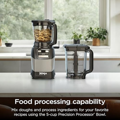Ninja Blender, Compact Kitchen System, 1200W, 3 Functions for Smoothies, Dough & Frozen Drinks with Auto-IQ, 72-oz.* Blender Pitcher, 40-oz. Processor Bowl & 18-oz. Single-Serve Cup, Grey, AMZ493BRN
