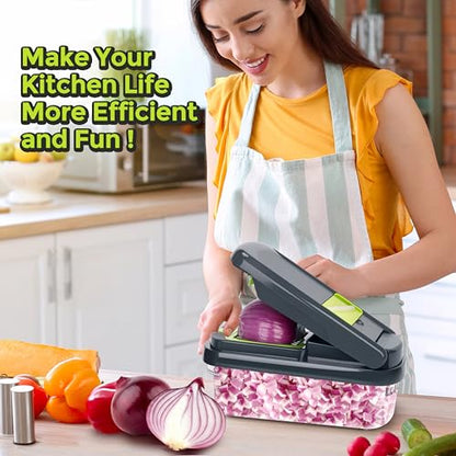 Yusshn Vegetable Chopper,12-in-1 Multifunctional Food Chopper,Professional Onion Chopper with 7 Blades,Vegetable Cutter with Container for Salad,Potato,Carrot,and Garlic; Essential Kitchen Tool(Grey)