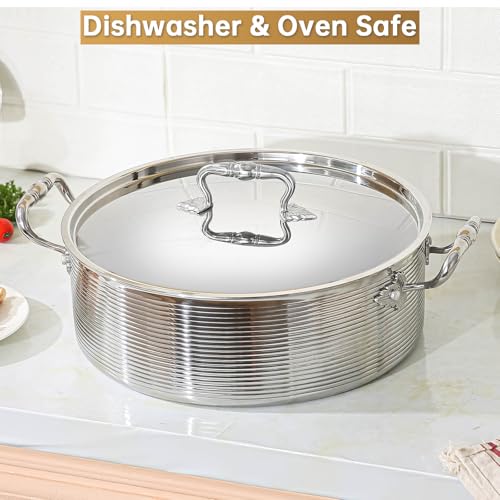 DELARLO Tri-Ply Stainless 7QT Braiser Pan With Steel Lid,Induction Saute pan Cooking Pot,Jumbo Cooker Deep Frying Pan 12 Inch,Dishwasher and Oven Safe,Compatible With All Cooktops Up to 650℉