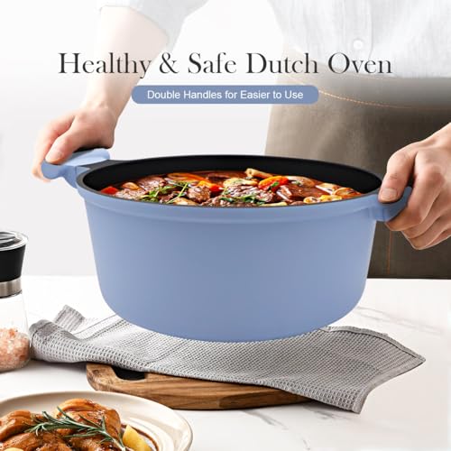 Bobikuke 7 Quart Lightweight Dutch Oven Pot with Lid, Aluminum Casserole Cookware, Large Cooking Pot Nonstick, Induction Pot for All Stoves, Stay-Cool Handle, PFOA Free, Blue