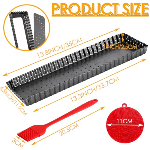 Quyimy Rectangle Tart Pan with Removable Bottom, 14 Inch Perforated Tart Quiche Pan Nonstick Pie Pan with Oil & Dish Brush, Baking Tray with Loose Bottom for Fluted Pies, Quiche,Tart