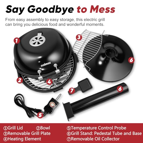 Electric Grill, CUSIMAX Electric Indoor/Outdoor Grill, 1600W Portable BBQ with Lid for Indoor & Outdoor Use, Adjustable Heat, Removable Stand Grill for Cookouts, BBQ Gatherings, Small Spaces