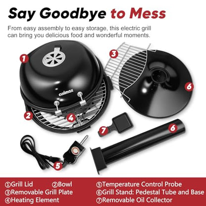 Electric Grill, CUSIMAX Electric Indoor/Outdoor Grill, 1600W Portable BBQ with Lid for Indoor & Outdoor Use, Adjustable Heat, Removable Stand Grill for Cookouts, BBQ Gatherings, Small Spaces