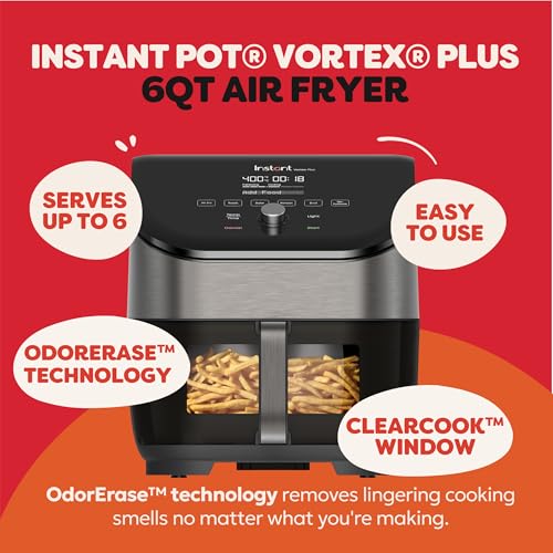 Instant Pot Vortex Plus 6QT Air Fryer with Odor Erase Technology,6-in-1 Functions that Crisps,Roasts, Broils,Dehydrates, Bakes & Reheats, 100+In-App Recipes, from the Makers of Instant Pot,1700W,Black