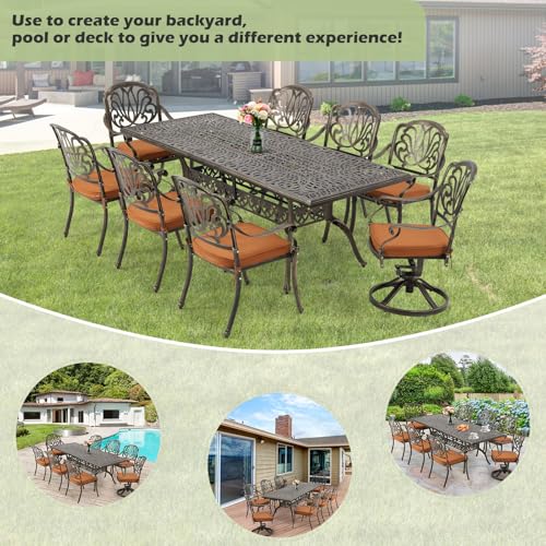 [Hi-End]9-Piece Outdoor Dining Set All Aluminum Patio Table and Chairs Set with 2 Swivel Chair & 6 Patio Chair Outdoor Dining Table Set for 8 Include 86.6’’ Rectangular Patio Table with Umbrella Hole