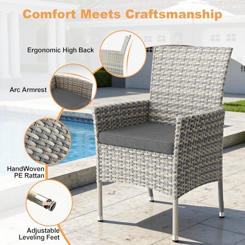 Muphyers 15-Piece Patio Dining Set, Patio Furniture Set with Square Tempered Glass Table & 12 Wicker Chairs, Expandable Design for Larger Groups, Outdoor Furniture for Backyard, Deck, Garden, Grey