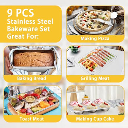 9 Pcs Bakeware Set, P&P CHEF Stainless Steel Kitchen Bakeware Pans, Including Toaster Oven Pan/Cooling Rack/Lasagna Pan/Round Cake Pans/Muffin/Loaf/Pizza Pan, Healthy & Durable, Dishwasher Safe