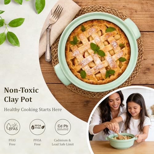 Magnifique 3 Quart Flami Pot with Lid, Natural Clay Pot for Cooking, Non-Toxic PFAS-Free Casserole Dish for Oven & Stovetop, Dutch Oven for Slow Cooking, Baking & Serving, Mint