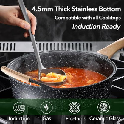 AnimoZest Nonstick Deep Frying Pan with Lid, 5.3 QT Swiss Granite Coating Sauté Pan, 13 Inch Healthy Non Stick Skillet Cooking Pan and Helper Handle with Silicone Cover, PFOA Free, Induction Ready.