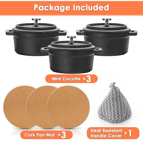 BSTKEY Mini Cocotte Set, 3 Pcs Mini Dutch Oven with Lids and Handles, Cast Iron Garlic Roaster with Cork Pan Mat, Stovetop, Oven Safe (8 oz)