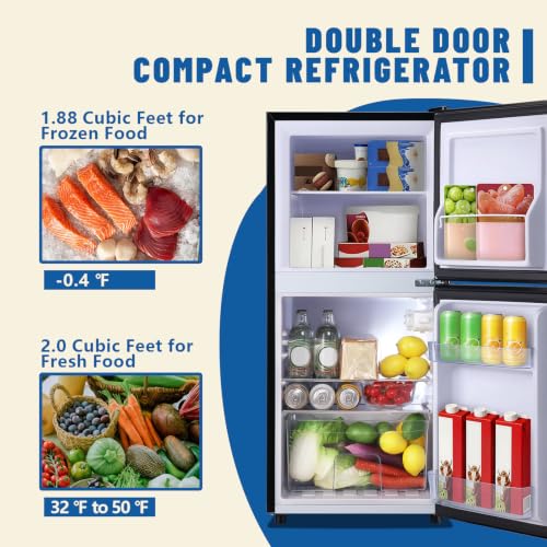 DEMULLER 3.88 CU.FT Capacity Refrigerator with Freezer Double Door Mini Fridge Small Refrigerator with 7 Adjustable Temp Control & 3 Glass Shelves for Kitchen Office Dorm Silver