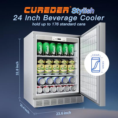 cureder 24 Inch Outdoor Refrigerator, Built-in Stainless Steel Beverage Beer Cooler Under Counter Fridge, Indoor/Outdoor Refrigerator with 3 Shelves for Patio Kitchen and Commercial Use