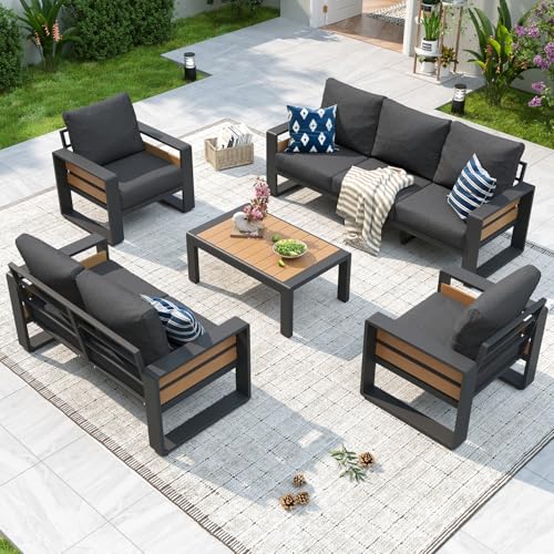 Aoxun Aluminum Patio Furniture Set, 5 Piece Luxury Outdoor Sectional with 6" Olefin Fabric Cushions, Patio Conversation Sets with Coffee Table & Oversized Seats for Backyard, Porch Dark Grey