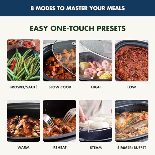 GreenPan Elite 8-in-1 Programmable 6QT Electric Slow Cooker,Dishwasher Safe Lid & Removable Crock, PFAS-Free Healthy Ceramic Nonstick Multi-Cooker,Sear, Sauté,Brown,Steam Basket,Roast, Oxford Blue