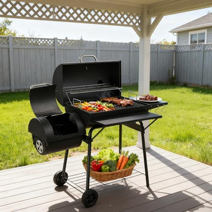 BBQ Charcoal Grill and Offset Smoker with Wheels & Side Front Table,Outdoor BBQ Grill with 557 Sq. In.,Patio Barbecue Cooker,Grilling Space for Outdoor Backyard,Balcony,Patio and Parties