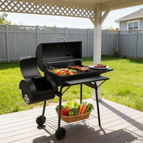BBQ Charcoal Grill and Offset Smoker with Wheels & Side Front Table,Outdoor BBQ Grill with 557 Sq. In.,Patio Barbecue Cooker,Grilling Space for Outdoor Backyard,Balcony,Patio and Parties