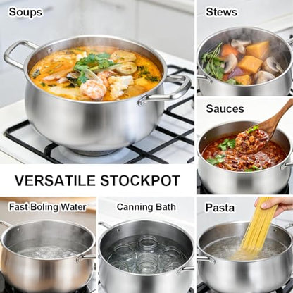 Tifanso Tri-Ply 8 Quart Stainless Steel Stock Pot - Heavy Duty Large Induction Cooking Pot with Lid for Pasta, Soup, Spaghetti, Nonstick Deep Stockpot, Kitchen Cookware for Simmer, Canning, Boiling