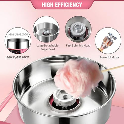 Commercial Cotton Candy Machine, 1000W Electric Floss Maker, Cotton Candy Machine With Stainless Steel Sugar Scoop And Drawer, For Carnival, Kids Birthday, Family Party,Pink W/Cart
