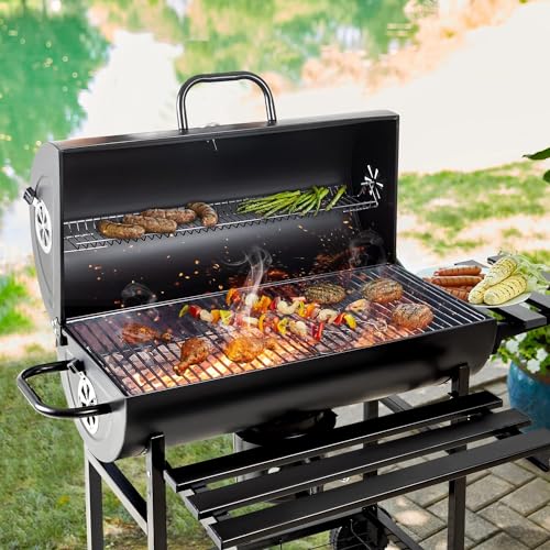 Flamaker Charcoal Grill Barrel style BBQ Charcoal Grill with Three Item Racks Thermometer Double-Layer Chrome-Plated Iron Baking Pan Ash Catcher for Camping Outdoor BBQ
