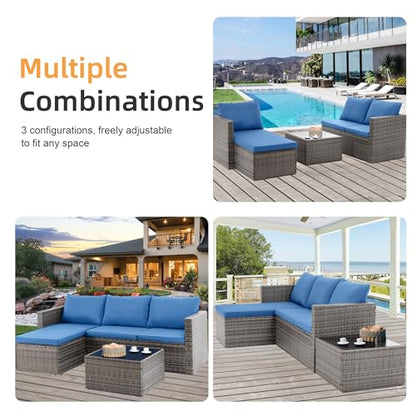 Shintenchi Outdoor Sectional Patio Furniture Set 4-Piece, All-Weather PE Rattan Sofa Couch with Cushions & Storage Coffee Table for Yard, Garden, Porch, Poolside (Blue)