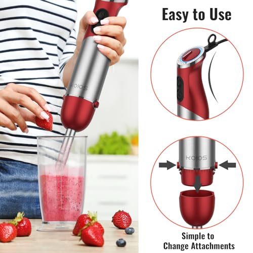 KOIOS 5-in-1 Hand Immersion Blender, 1000W 12 Speed Handheld Blender Stick with Copper Motor Stainless Steel Blade, 600ml Mixing Beaker,500ml Food Processor, Whisk, Milk Frother, Non-BPA, Red