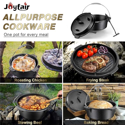 Joyfair Pre-seasoned Cast Iron Dutch Oven Set, Camp Dutch Pot & Griddle Skillet, 5QT Pot & 2QT Lid, Lid Lifter/Iron Stand/Cleaner, For Stewing, Baking, Sourdough Bread