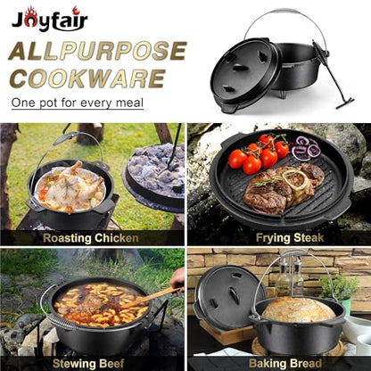 Joyfair Pre-seasoned Cast Iron Dutch Oven Set, Camp Dutch Pot & Griddle Skillet, 5QT Pot & 2QT Lid, Lid Lifter/Iron Stand/Cleaner, For Stewing, Baking, Sourdough Bread