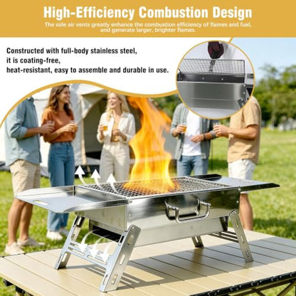 Zarkind Portable Tabletop Charcoal Grill, Foldable Stainless Steel Mini BBQ Grill with Carry Bag, Lightweight Small Camping Picnic Travel Tailgating Patio Grill