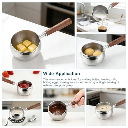 Mornajina 500ML 17oz Stainless Steel Milk Butter Warmer Pot, Mini Sauce Pot with Wooden Handle, Heating Milk, Melting Butter, Warming Sauces