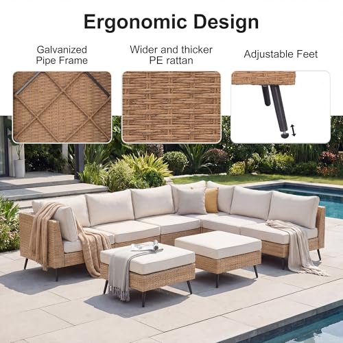 EO Living 8-Piece Patio Furniture Set, Outdoor Sectional Sofa PE Rattan Outdoor Patio Furniture with Thick Cushions, All Weather Patio Conversation Sets for Garden, Poolside, Backyard(Beige)