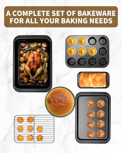Ymiton Nonstick Baking Pans Set, 19 PCS Stackable Bakeware Sets, Oven Pan Set Includes Baking Tray, Cookie Sheet, Cake Pans, Loaf Pan, Muffin Pan, Silicone Cups