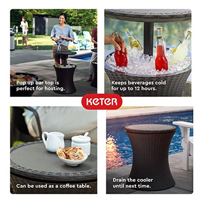 Keter Pacific Cool Bar Outdoor Patio Furniture and Hot Tub Side Table with 7.5 Gallon Beer and Wine Cooler, Espresso Brown