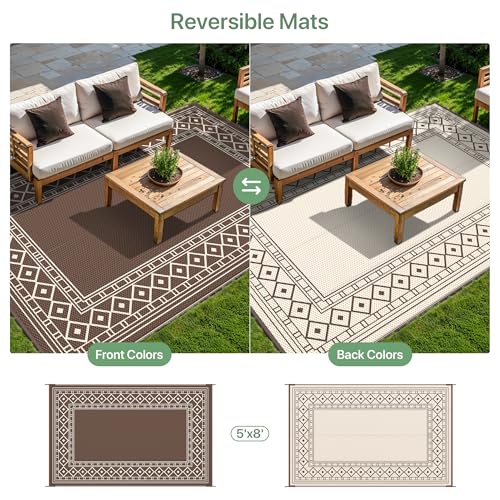 GENIMO Outdoor Rug Waterproof for Patio Decor, 5'x8' Reversible Plastic Straw Rug Carpet, Camping Mat for Outdoor, RV, Backyard, Deck, Balcony, Picnic, Beach, Coffee & Beige