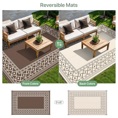 GENIMO Outdoor Rug Waterproof for Patio Decor, 5'x8' Reversible Plastic Straw Rug Carpet, Camping Mat for Outdoor, RV, Backyard, Deck, Balcony, Picnic, Beach, Coffee & Beige