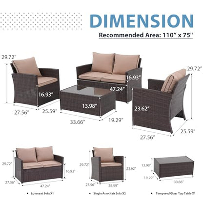 JOIVI Patio Furniture Set, 4 Piece Outdoor Patio Conversation Set, All-Weather PE Rattan Wicker Sectional Patio Sofa Set with Tempered Glass Coffee Table, Brown