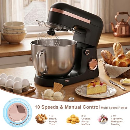6.5 Qt 10-Speed Tilt-Head Stand Mixer with Dough Hook, Whisk, Beater & Splash Guard, Electric Kitchen Mixer for Baking, Cakes, Bread, and Home Cooking (Black)