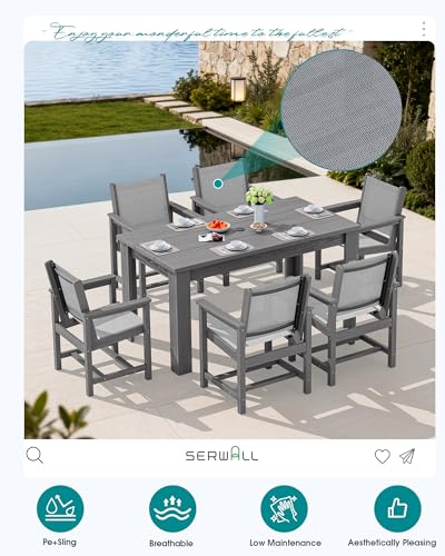 SERWALL 7 Piece Outdoor Dining Table Sets for 6 with 1 Umbrella Hole Cut-Out Rectangular Table and 6 Textilene Chairs, HDPE Dining Table Sets for Garden, Backyard, Poolside, Gray