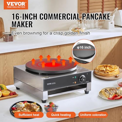 VEVOR Electric Crepe Maker, 16-Inch Commercial Crepe Machine, 1700W Flat Plate Crepe Griddle, Nonstick Stainless Steel Pancake Making Machine, Desktop Circular Cereals Pancake Stove with Temp Control
