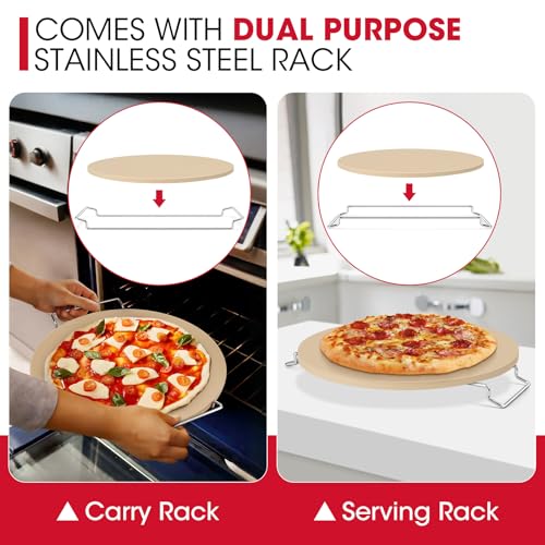 Unicook 12 Inch Round Pizza Stone for Oven and Grill, Cordierite Bread Baking Stone, Baking Crispy Pizzas, Bread and Cookies, Includes Carry Rack and Dough Scraper