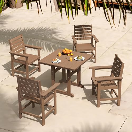 Homenjoy 5 Piece Patio Dining Set, 35" Square HDPS Weather Resistant Outdoor Table & 4 Patio Chairs Set with 1.96" Umbrella Hole, Heavy Duty for Small Space Backyard Balcony, Brown