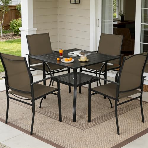 SUNCROWN 5 Pieces Outdoor Dining Set, Patio Furniture Set with 4 x Textilene Dinning Chairs and 1 Steel Slat Metal Bistro Table for Lawn Garden Backyard Deck - Brown