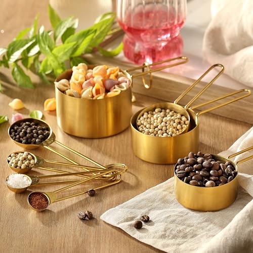Measuring Cups and Spoons Set, Kaloo 8PCS Stainess Steel Metal Measuring Cups, Gold Finish, Ideal for Cooking and Baking