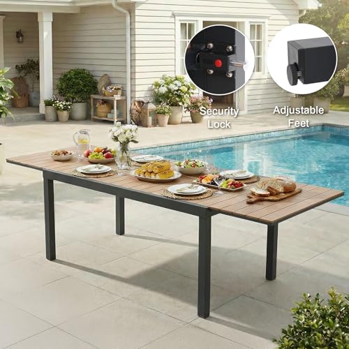 SUNSITT 9 Piece Outdoor Patio Dining Set, 63" - 105" Aluminum Expandable Outdoor Dining Table w/Thermal Transfer Wood Grain Tabletop, 8 Woven Wicker Patio Chairs w/WPC Armrests for Garden