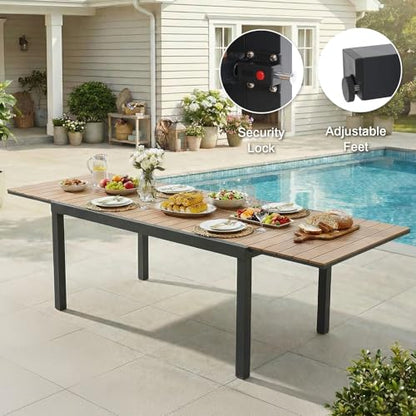 SUNSITT 9 Piece Outdoor Patio Dining Set, 63" - 105" Aluminum Expandable Outdoor Dining Table w/Thermal Transfer Wood Grain Tabletop, 8 Woven Wicker Patio Chairs w/WPC Armrests for Garden